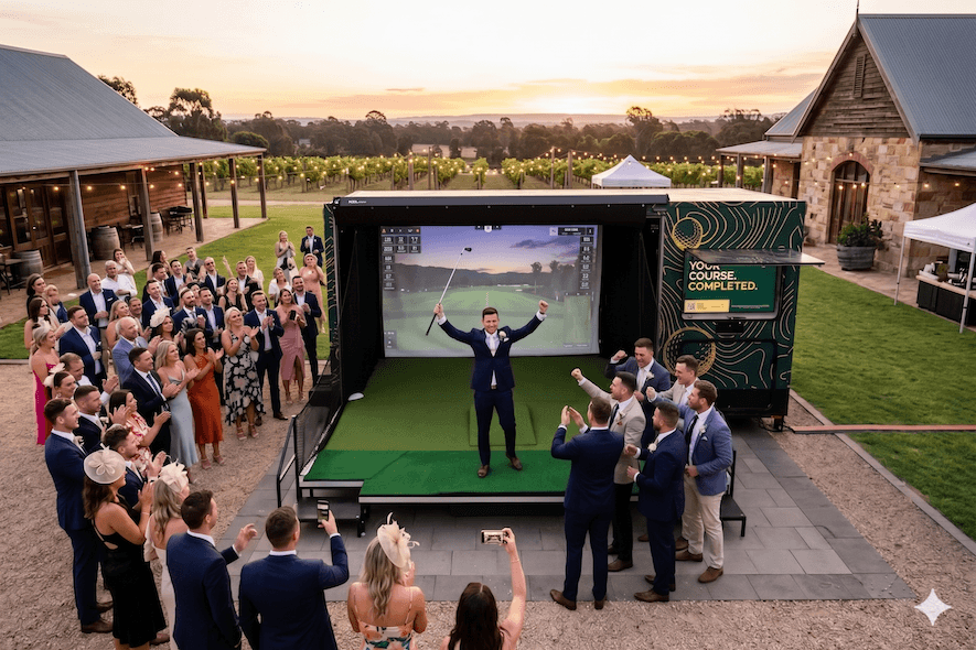 Golf Daze mobile golf simulator set up at an outdoor event in Australia